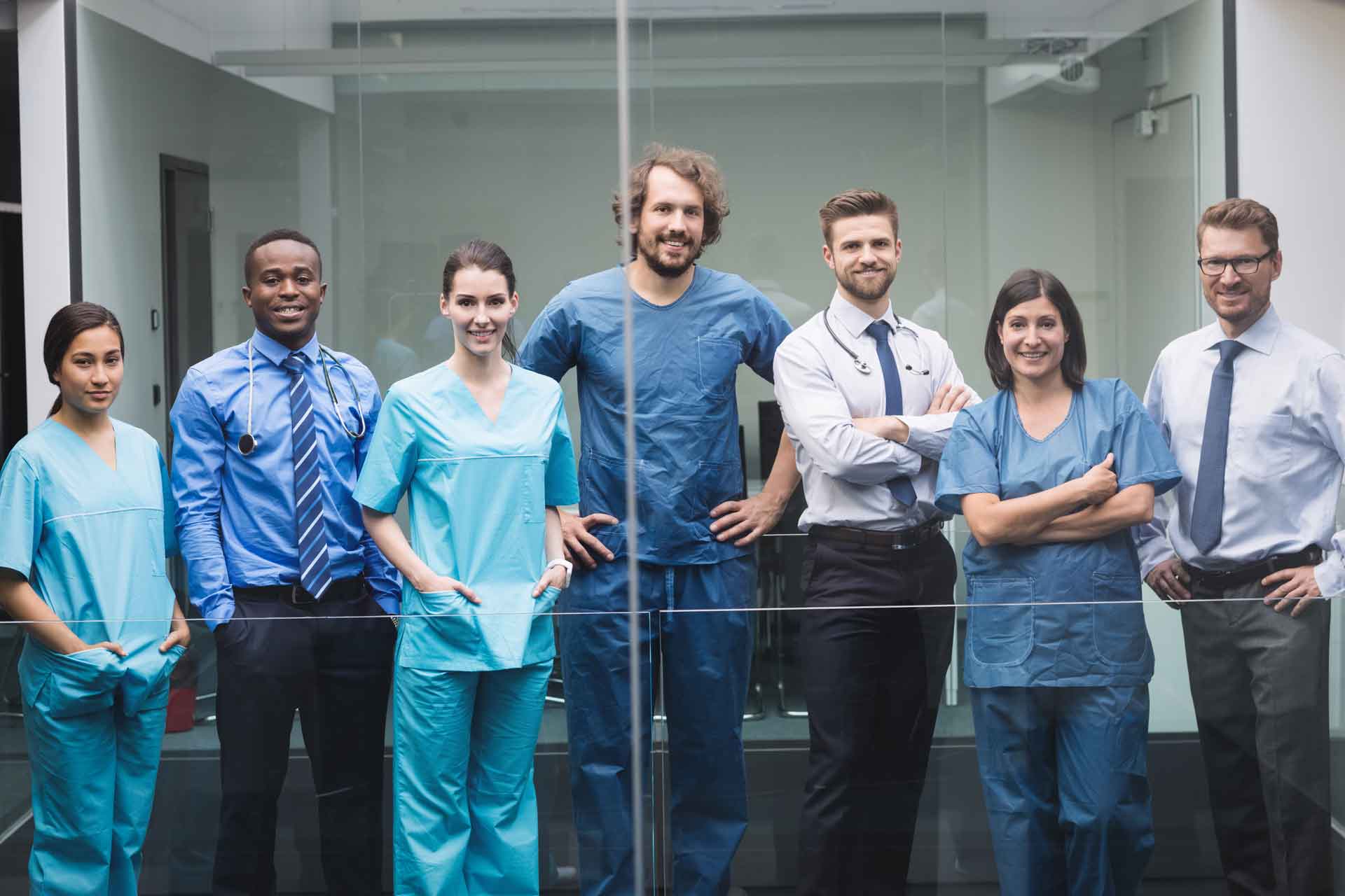 team doctors standing corridor